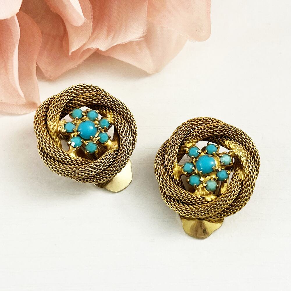 Hattie Carnegie Vintage Gold Mesh & Blue Stone Earrings